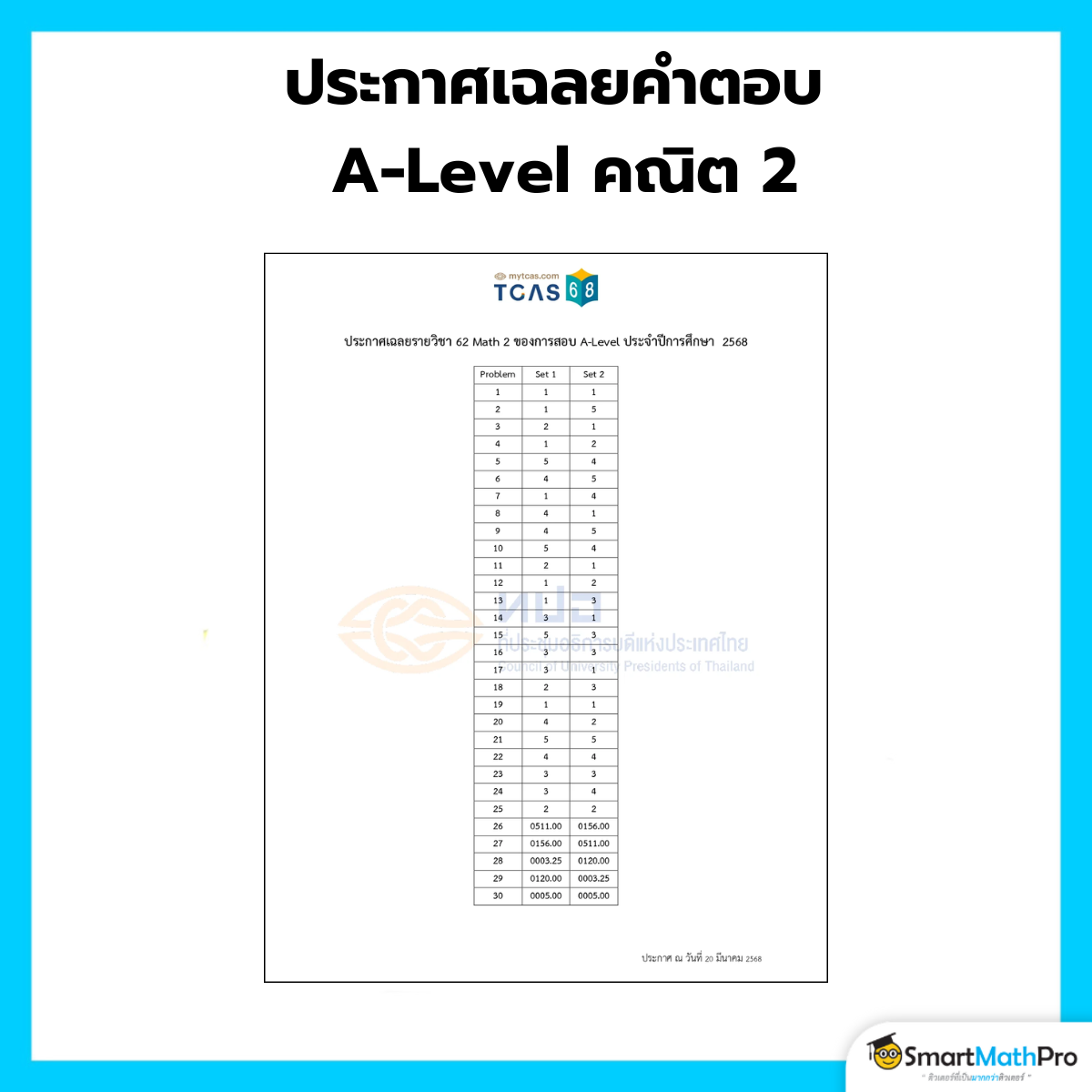 ประกาศเฉลยคำตอบ A-Level คณิต 2