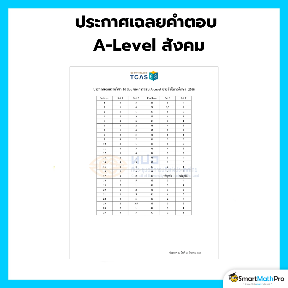 ประกาศเฉลยคำตอบ A-Level สังคม