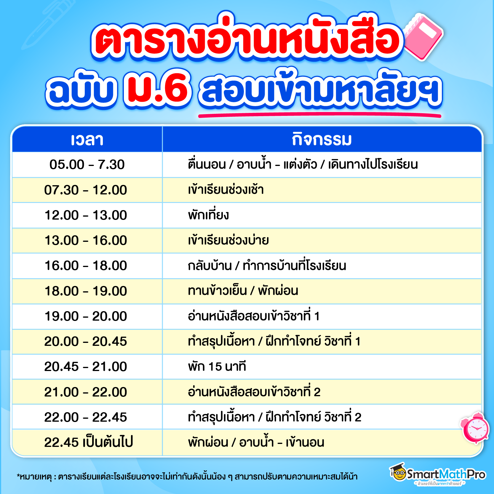 แจกตารางอ่านหนังสือเข้ามหาลัยฯ Dek69 ช่วงเปิดเทอม